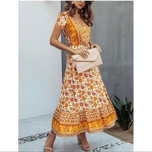 TEMOFON Summer Bohemian Casual Short Sleeve Floral Maxi Dress -  Size XL